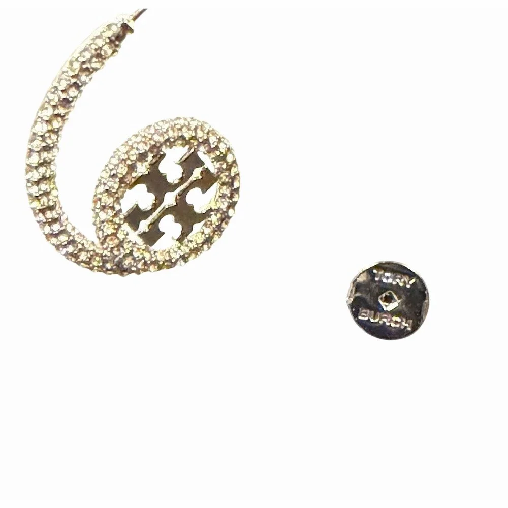 Tory Burch Miller Pavé Loop Drop Earrings Silver Clear Crystal Double T